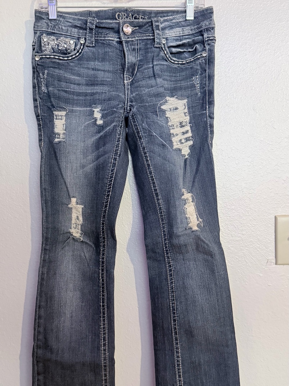 Grace Women's Dark Wash Distressed Flare Jeans
